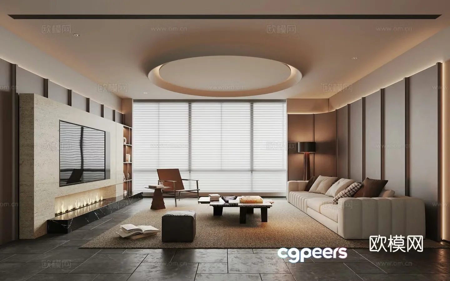 Modern simple living room sofa and coffee table combination TV background wall fireplace background screen 3d model