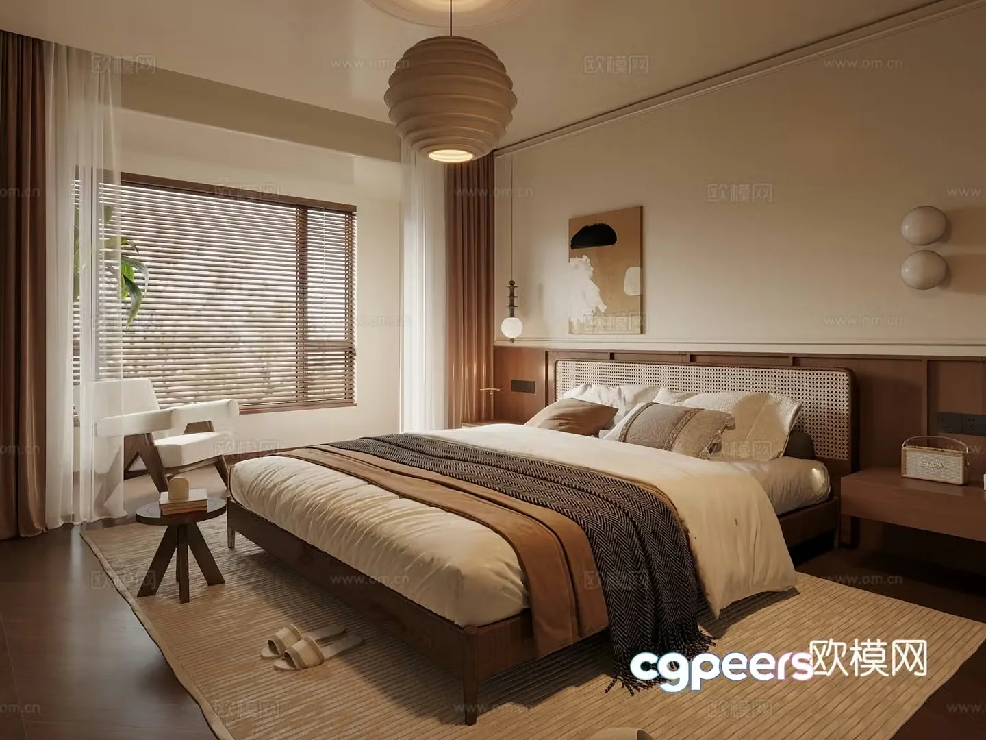 Middle style bedroom double bed 3d model