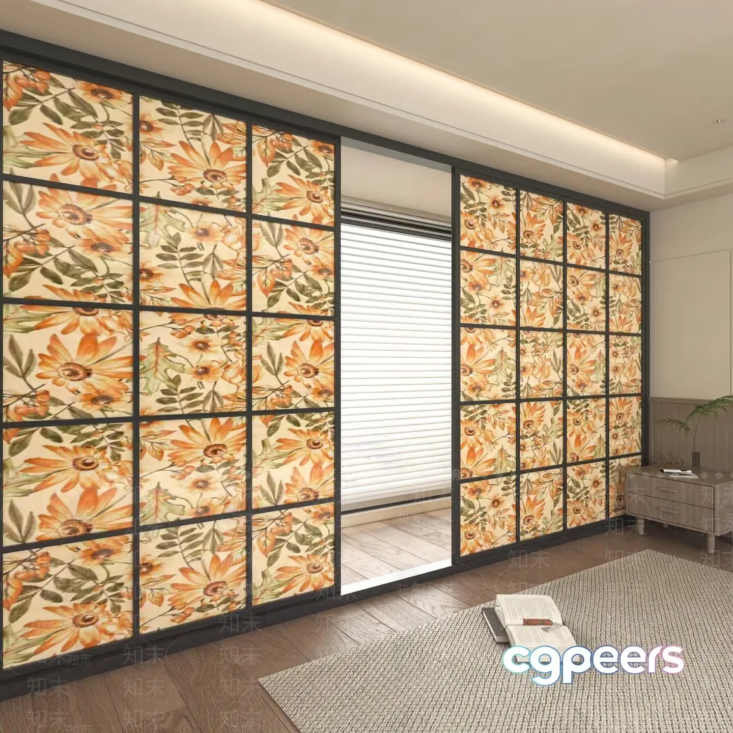 Floral Sliding Closet Doors 3D Model – 9042 – VRAY Render