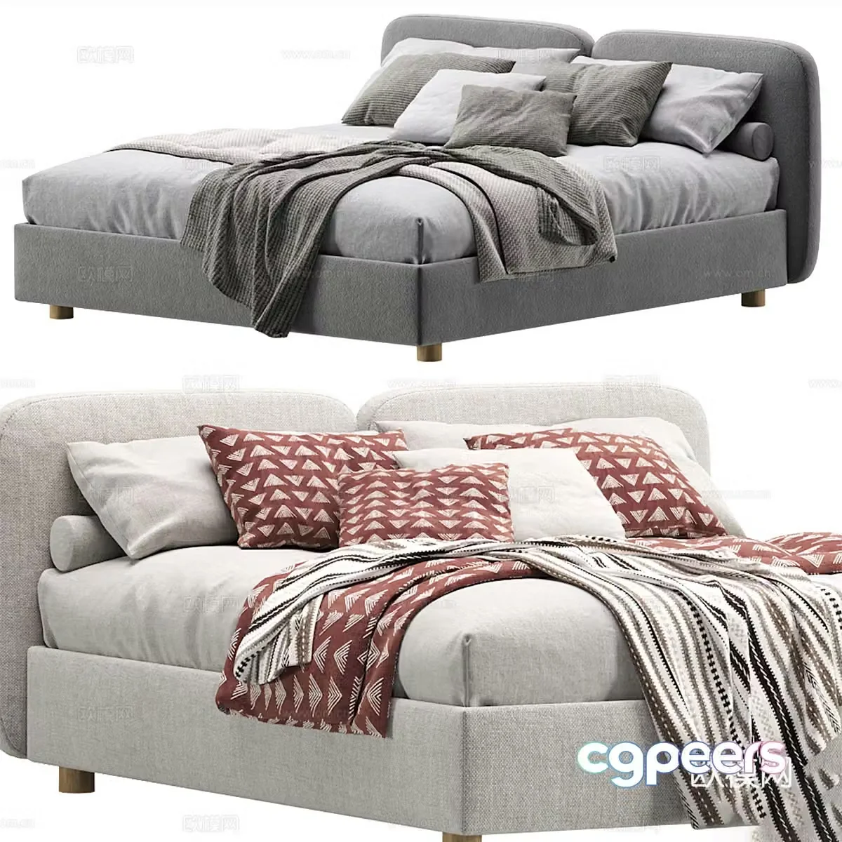 Modern cream style fabric double bed 3d model