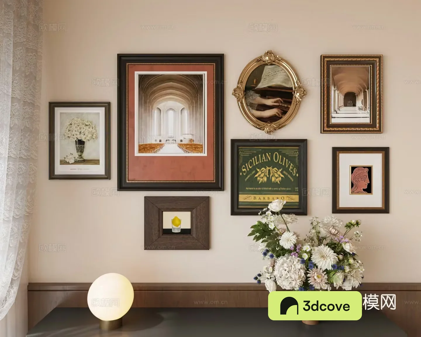 Modern medieval style decorative paintings retro ornaments combinations French decorative paintings gauze curtains vases 3D models