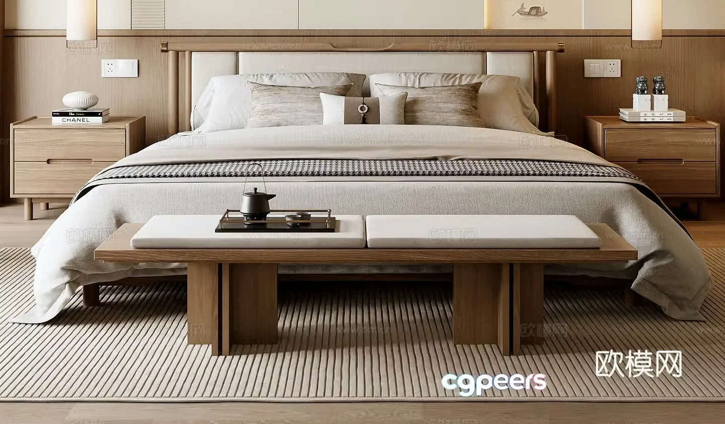 New Chinese style double bed 3D model