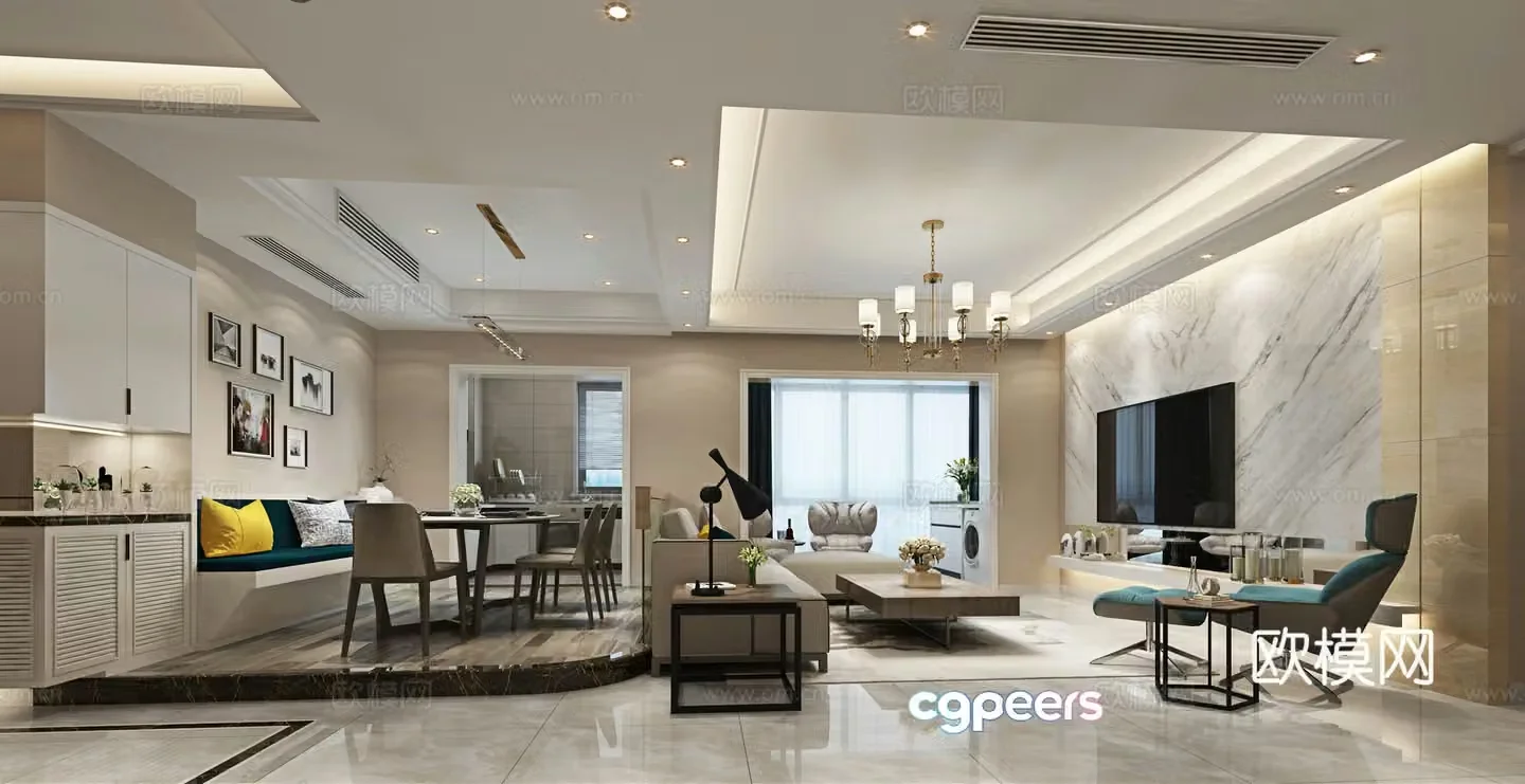 Modern living room dining room sofa coffee table chandeliers hanging paintings desktop ornaments dining tables and chairs 3D model