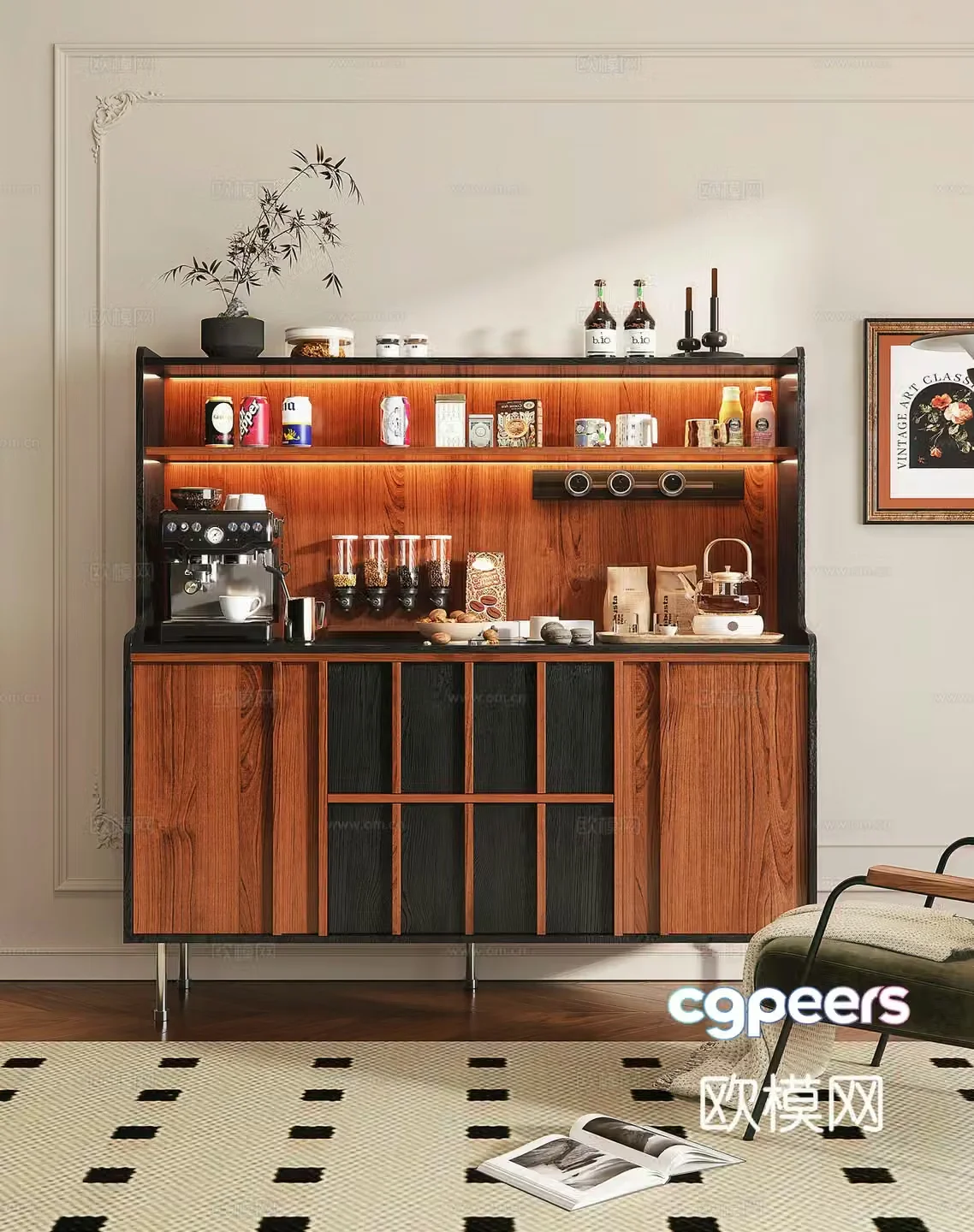 Modern medieval sideboard tea cabinet dining cabinet coffee maker tableware ornaments leisure chair 3D model