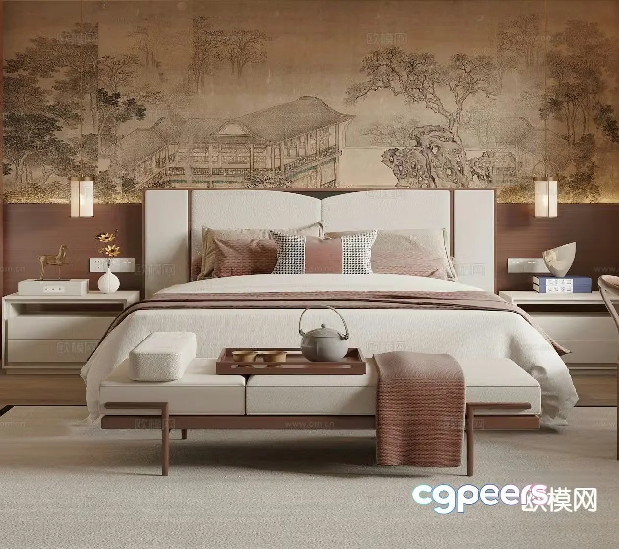 New Chinese style double bed 3d model