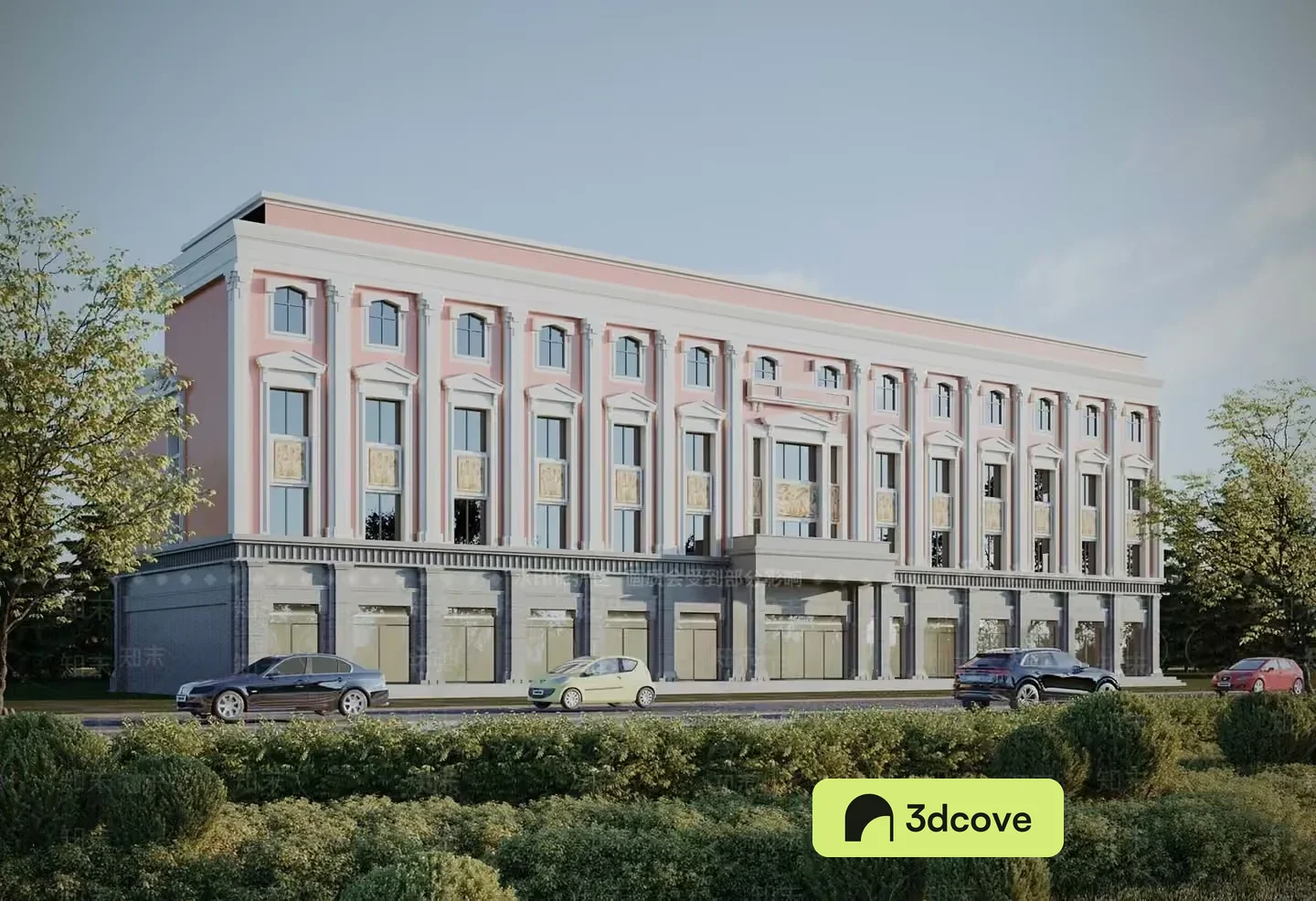 A Large Building With A Pink And White Facade