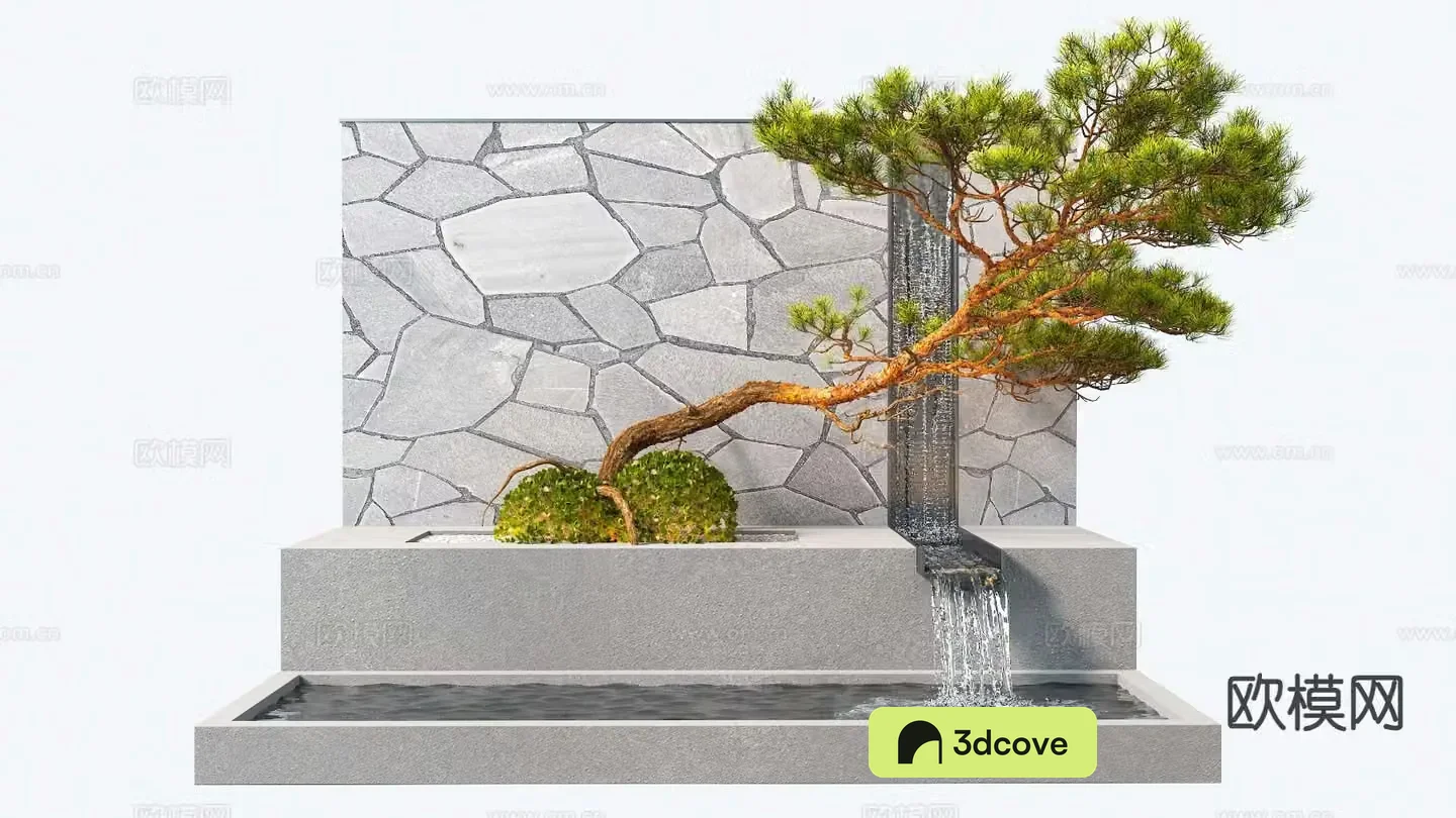 New Chinese style fountain water feature flowing water trees flowers and grass