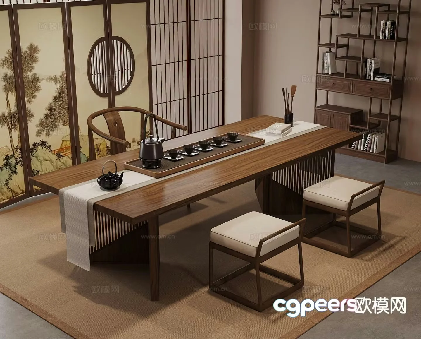New Chinese style tea table and chairs tea set Bogu rack 3D model