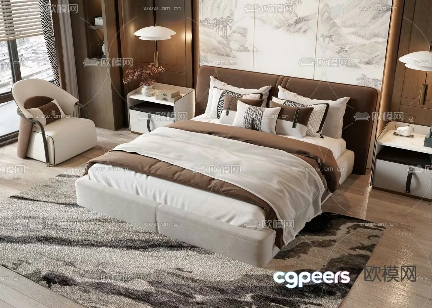 New Chinese style double bed 3d model