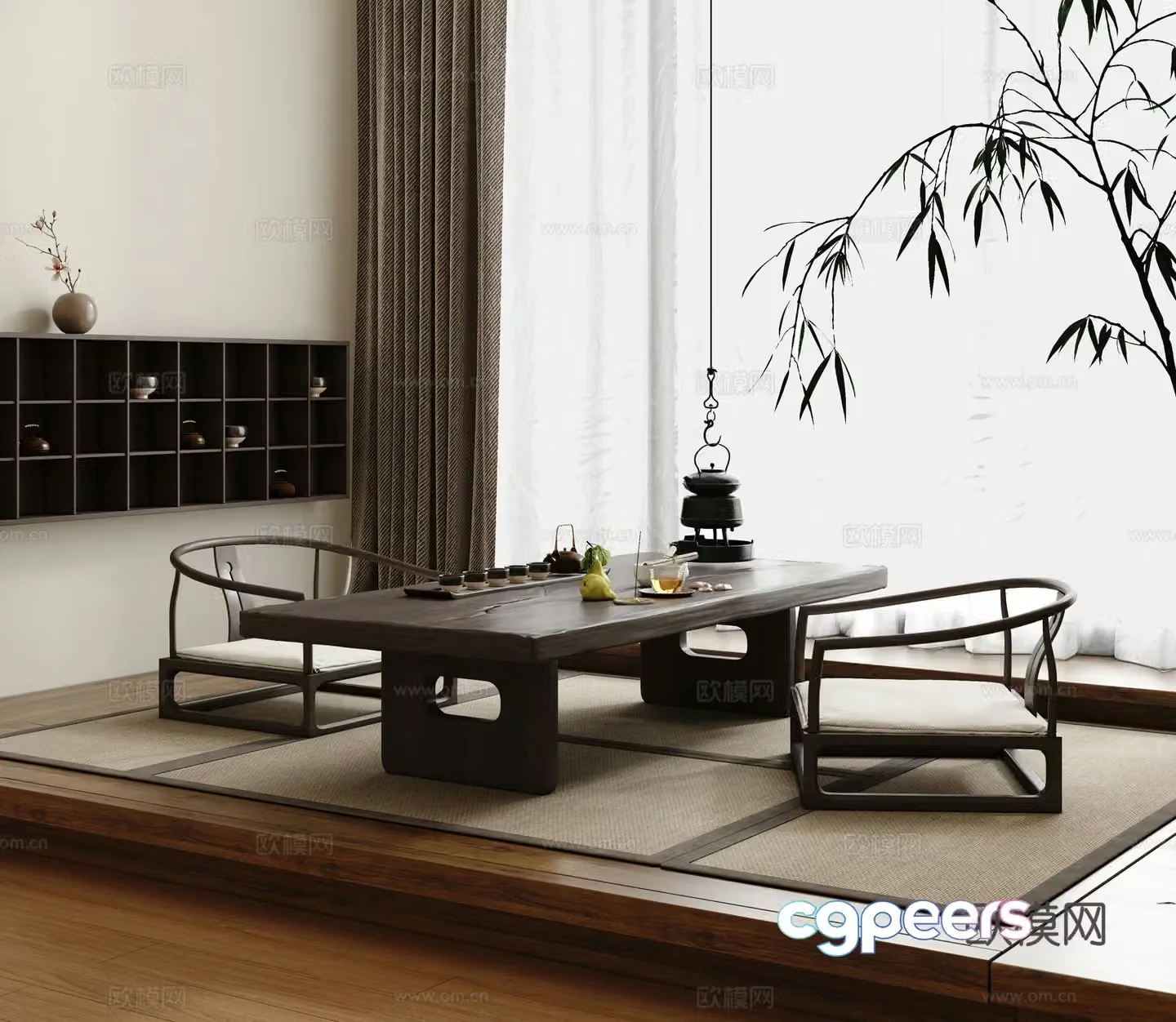 Wasabi Tatami Tea Room New Chinese Tatami Tea Room Solid Wood Tea Table and Chair 3D Model