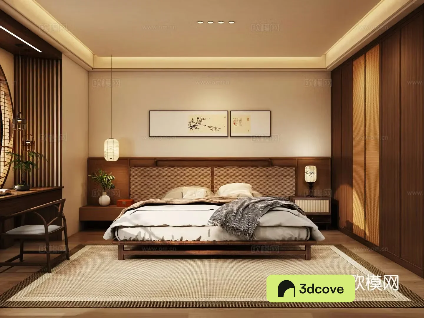 New Chinese style Zen bedroom retro bedroom medieval style bedroom rattan bed wardrobe
