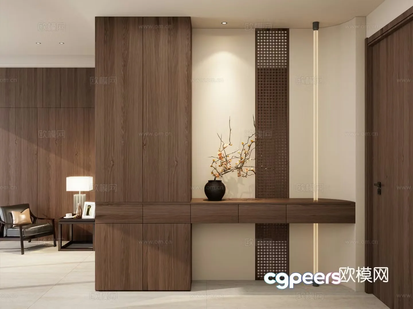 Song style Zen solid wood partition linear lamp end view partition vase 3d model