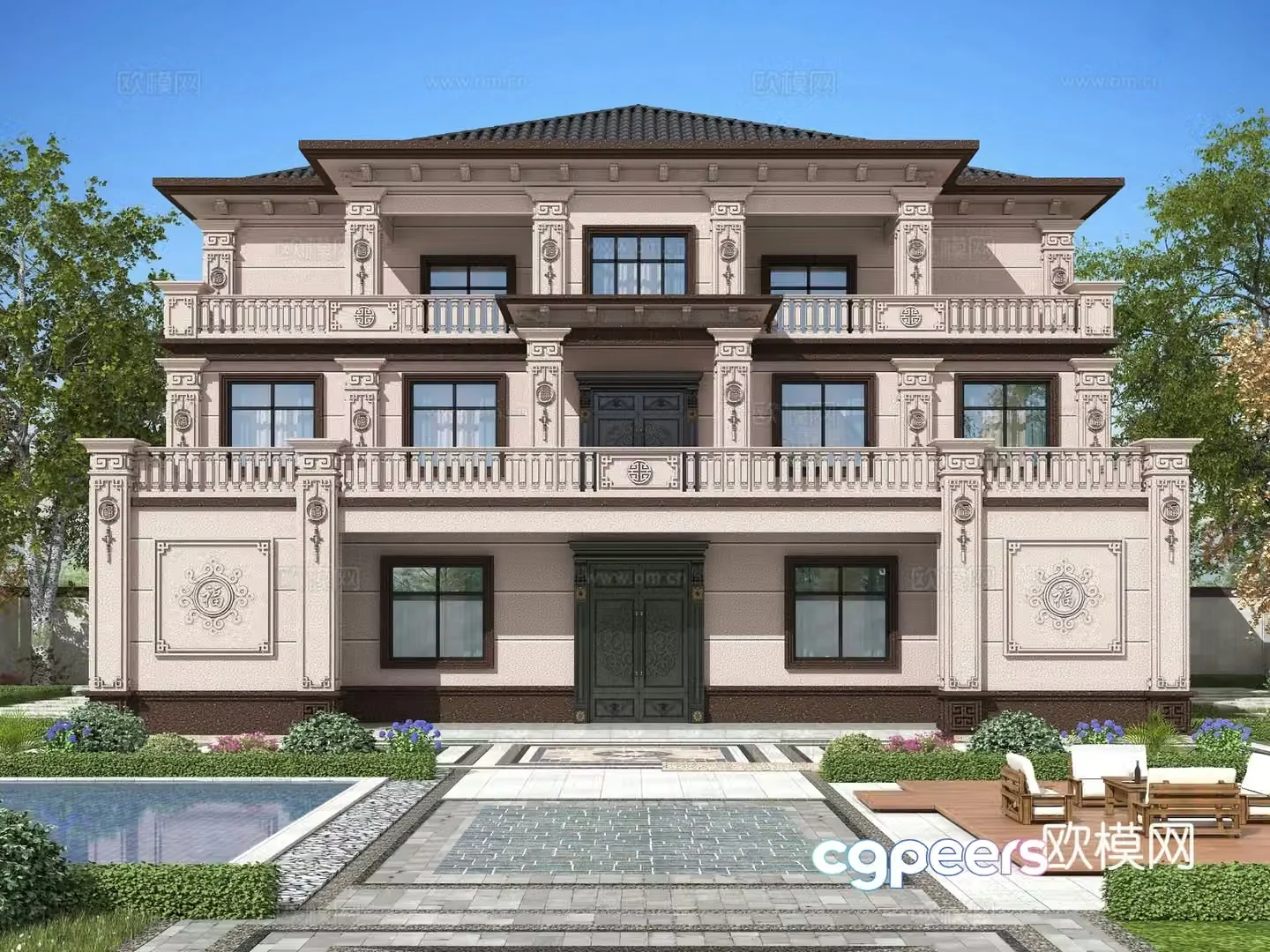 New Chinese style single-family villa appearance 3D model