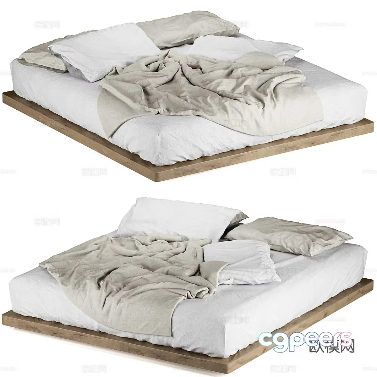New Chinese style log style fabric double bed 3D model