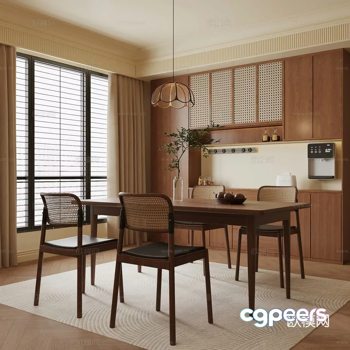 08 Restaurant Middle Style Restaurant Wine Cabinet Dining Table and Chair Combination 3D Model