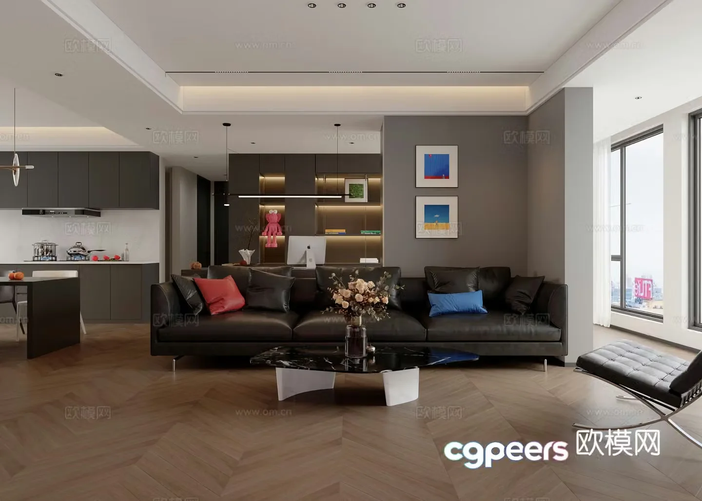 Modern simple black white and gray living room 3D model