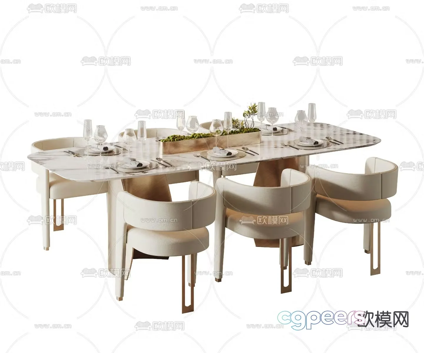 Light luxury dining table and chairs 3D model