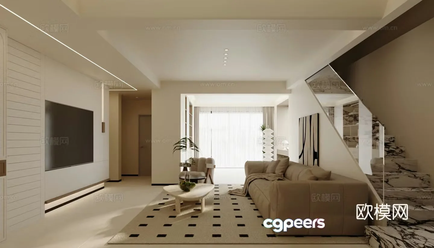 Modern Creamy Living Room 3D Model