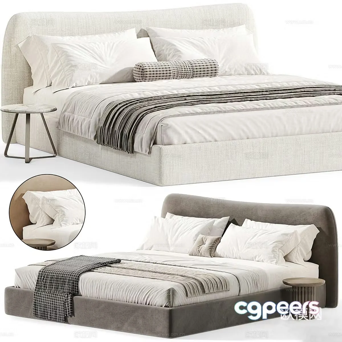 Fabric double bed platform bed B&B double bed bedding tofu block double bed bed pillow 3D model
