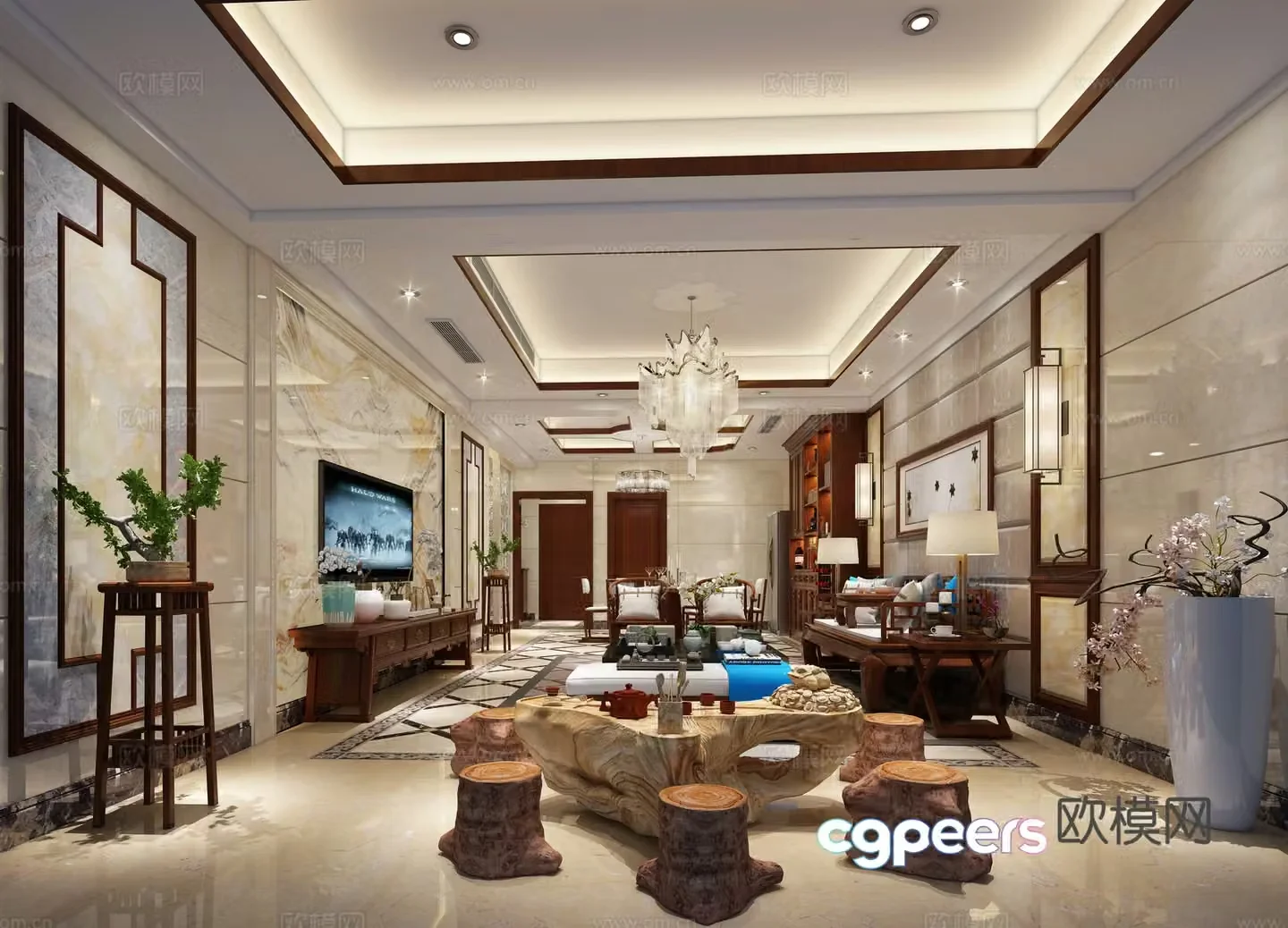 New Chinese style living and dining room sofa coffee table chandeliers TV cabinet painting side cabinet dining table chairs 3D model