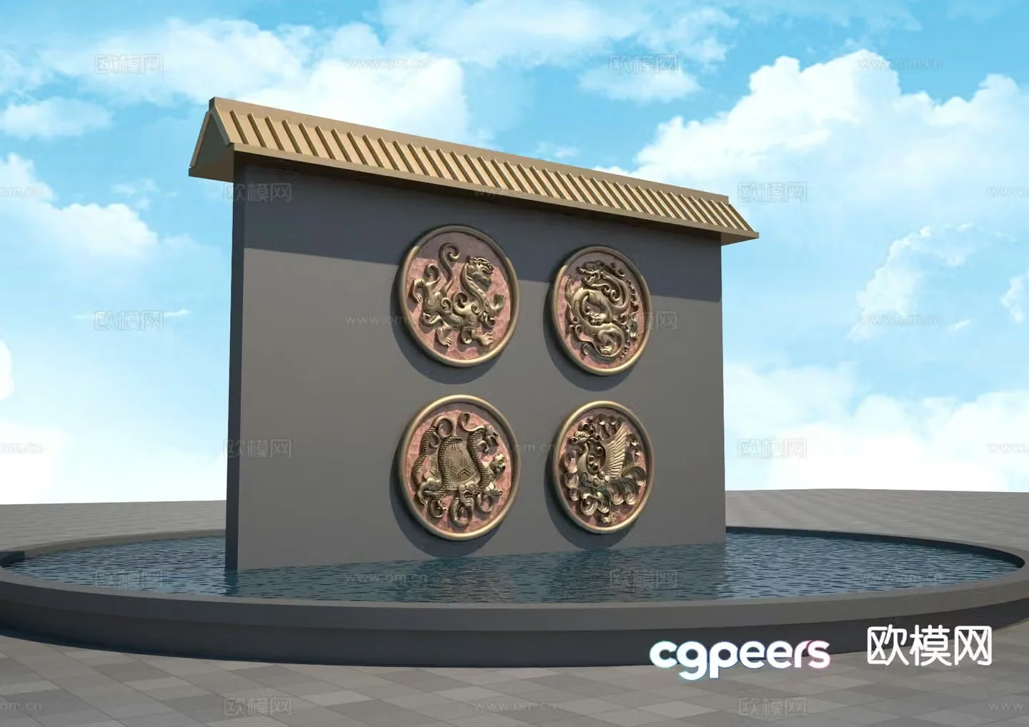New Chinese style landscape wall 3D model of the four-way mythical beast landscape wall