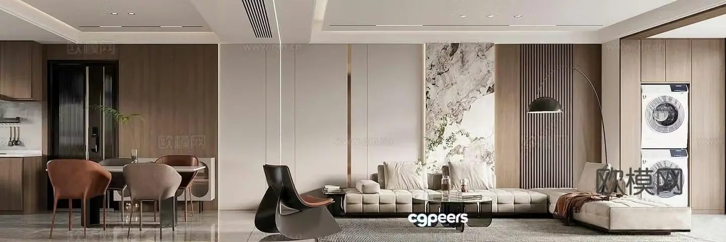 Modern living and dining room 3d model