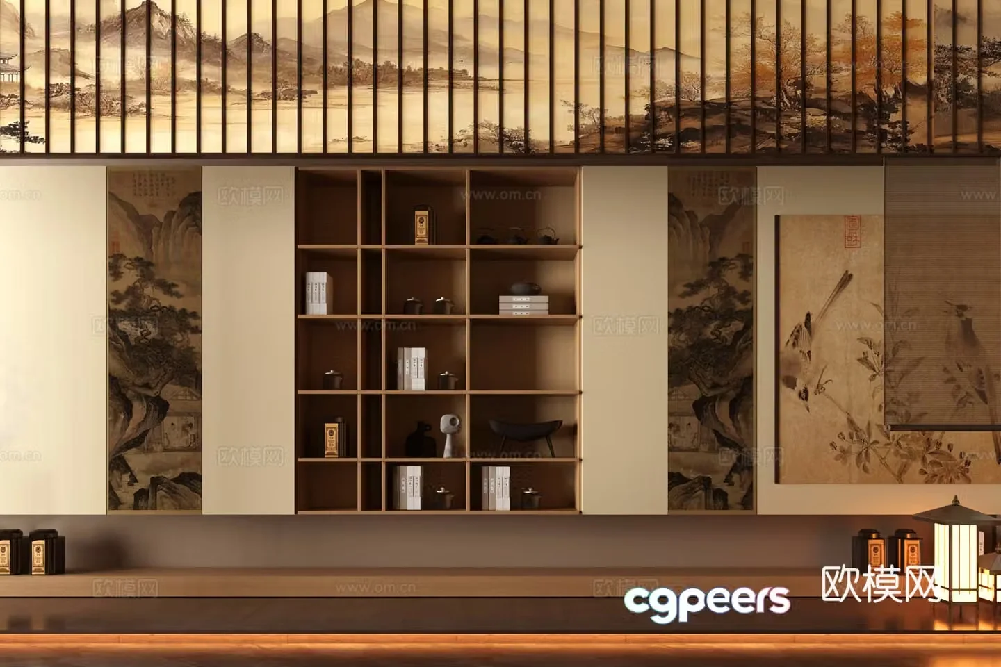 New Chinese style Zen tea cabinet Song style tea room cabinet Tea room background wall Whole row of tea cabinet background wall 3D model