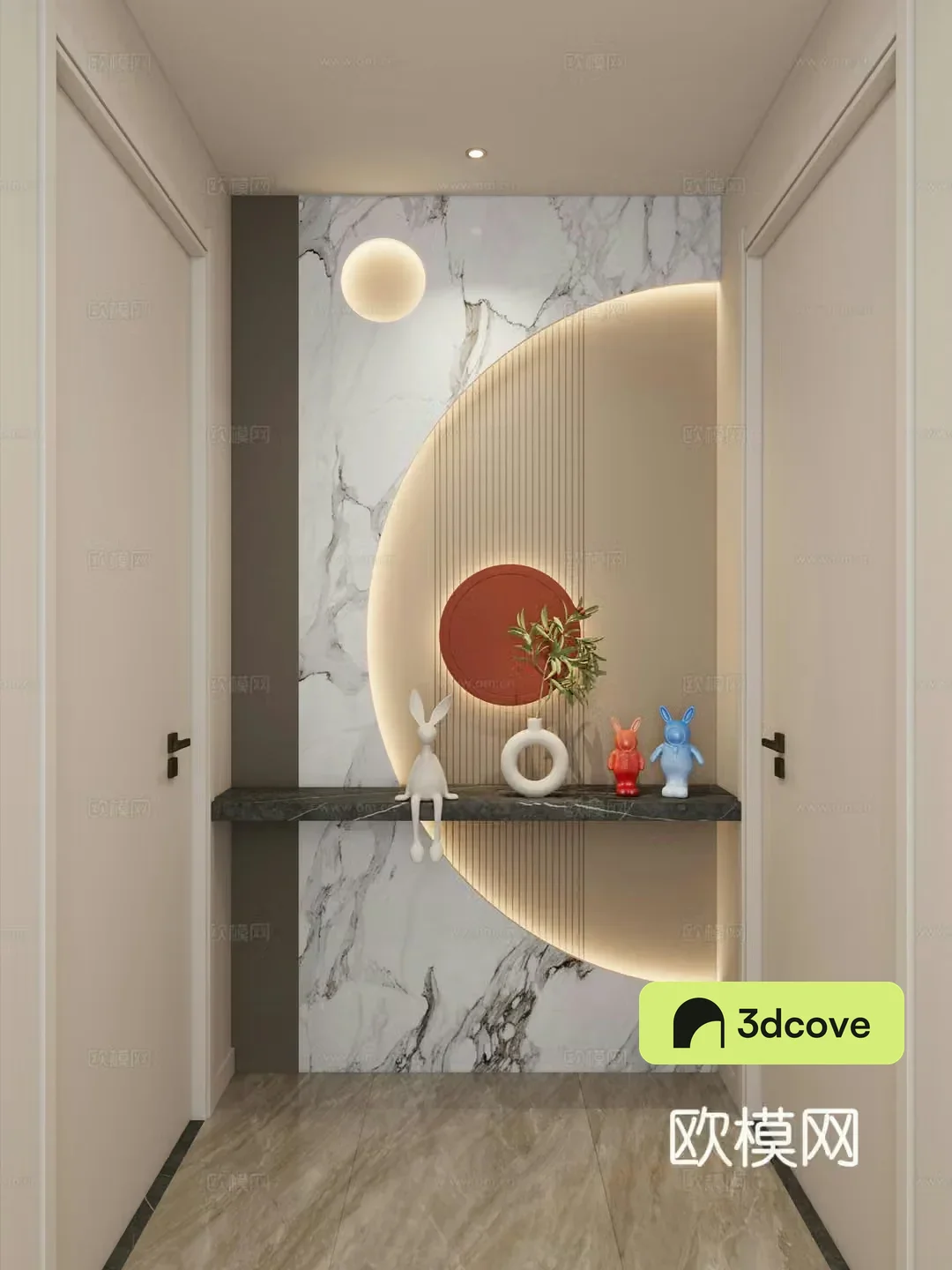 Cream Simple Style Curved Shape Hermes Orange Grid Board Corridor End View Entrance