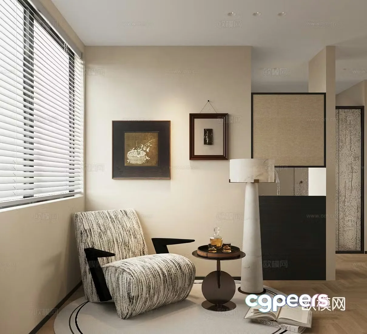 Middle-aged leisure chair single sofa floor lamp 3D model of hanging paintings