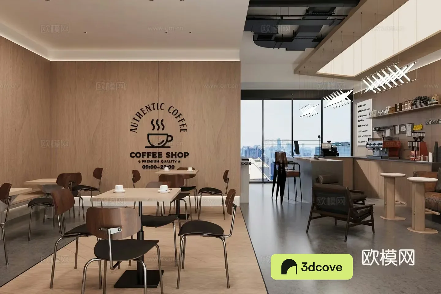 Log wood style milk tea shop cafe