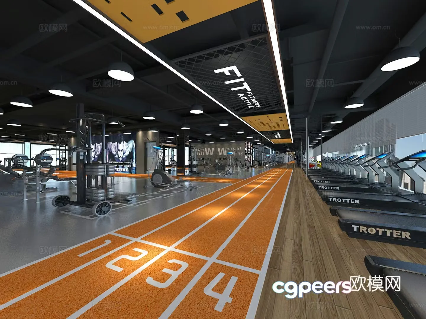 Industrial style gym public area front desk 3D model