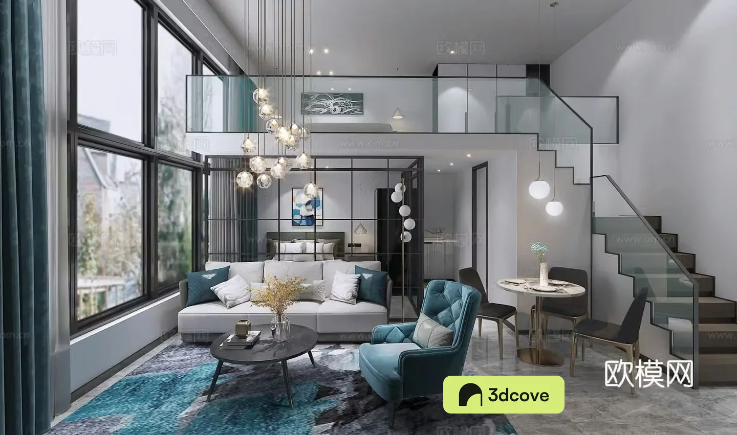 Modern duplex living room sofa coffee table painting chandeliers objects ornaments