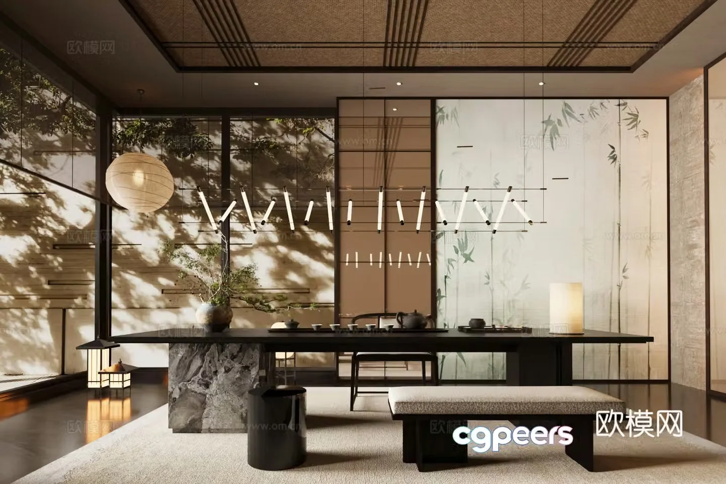 New Chinese-style Zen tea room Tea room Tea room Tea tasting area Club tea room Tea table and chair Song style aesthetic tea room 3D model