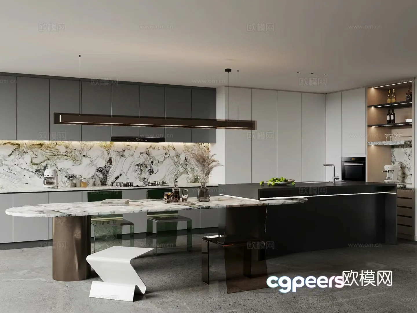 Modern minimalist island restaurant open kitchen dining table and chair combination chandelier 3d model