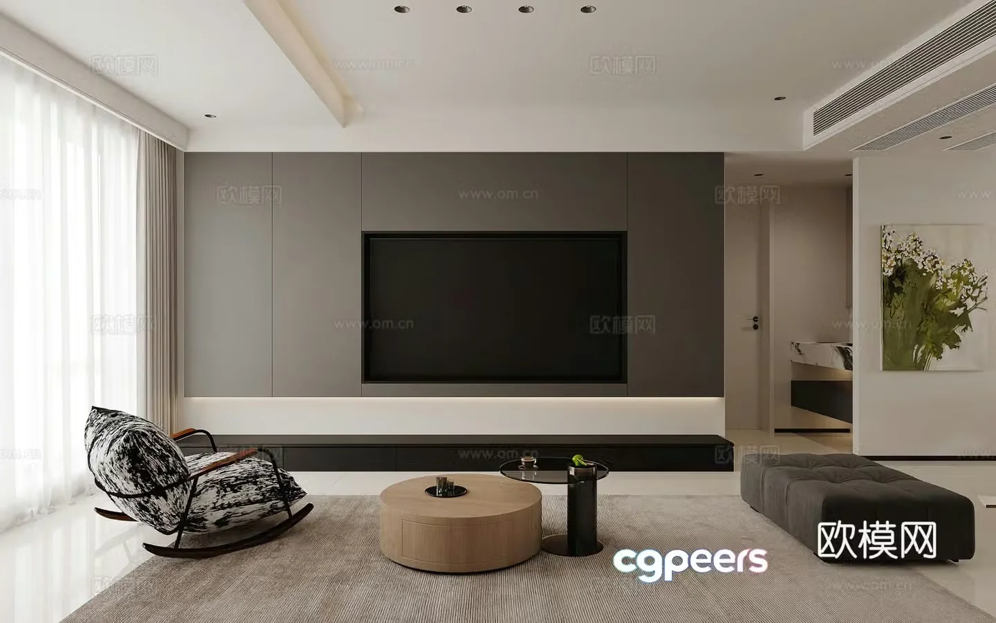 Modern living room TV background wall simple leisure chair rocking chair potted modern living and dining room 3d model