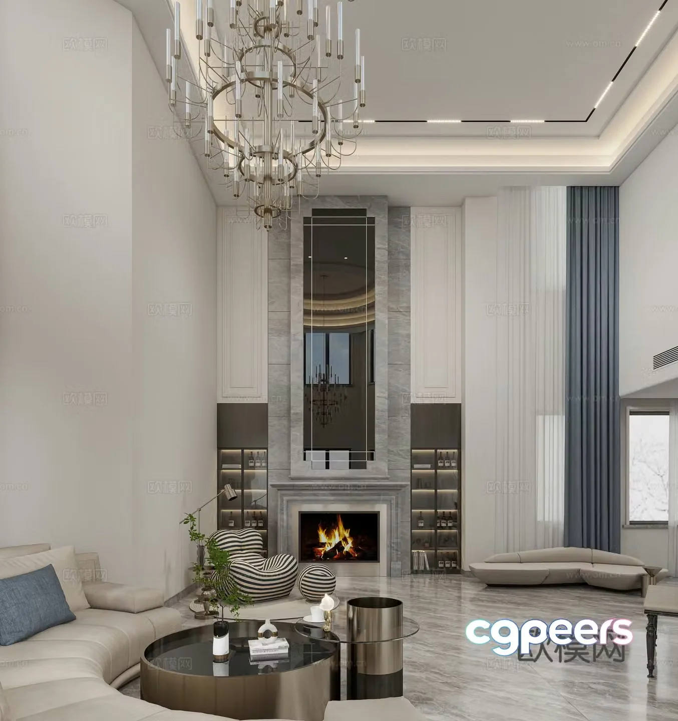 French villa hall living and dining room 3d model