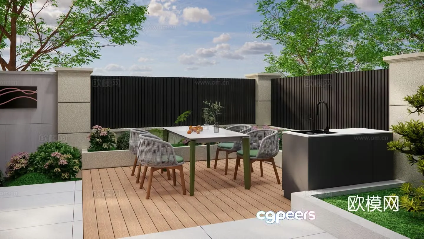 Modern courtyard garden outdoor wooden platform dining table and chair tree pond flower pond operation table one table and four chairs 3D model