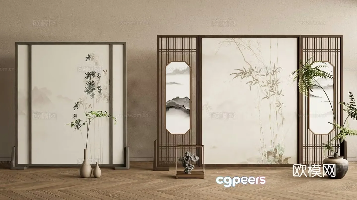 New Chinese style screen lattice screen entrance screen 3D model