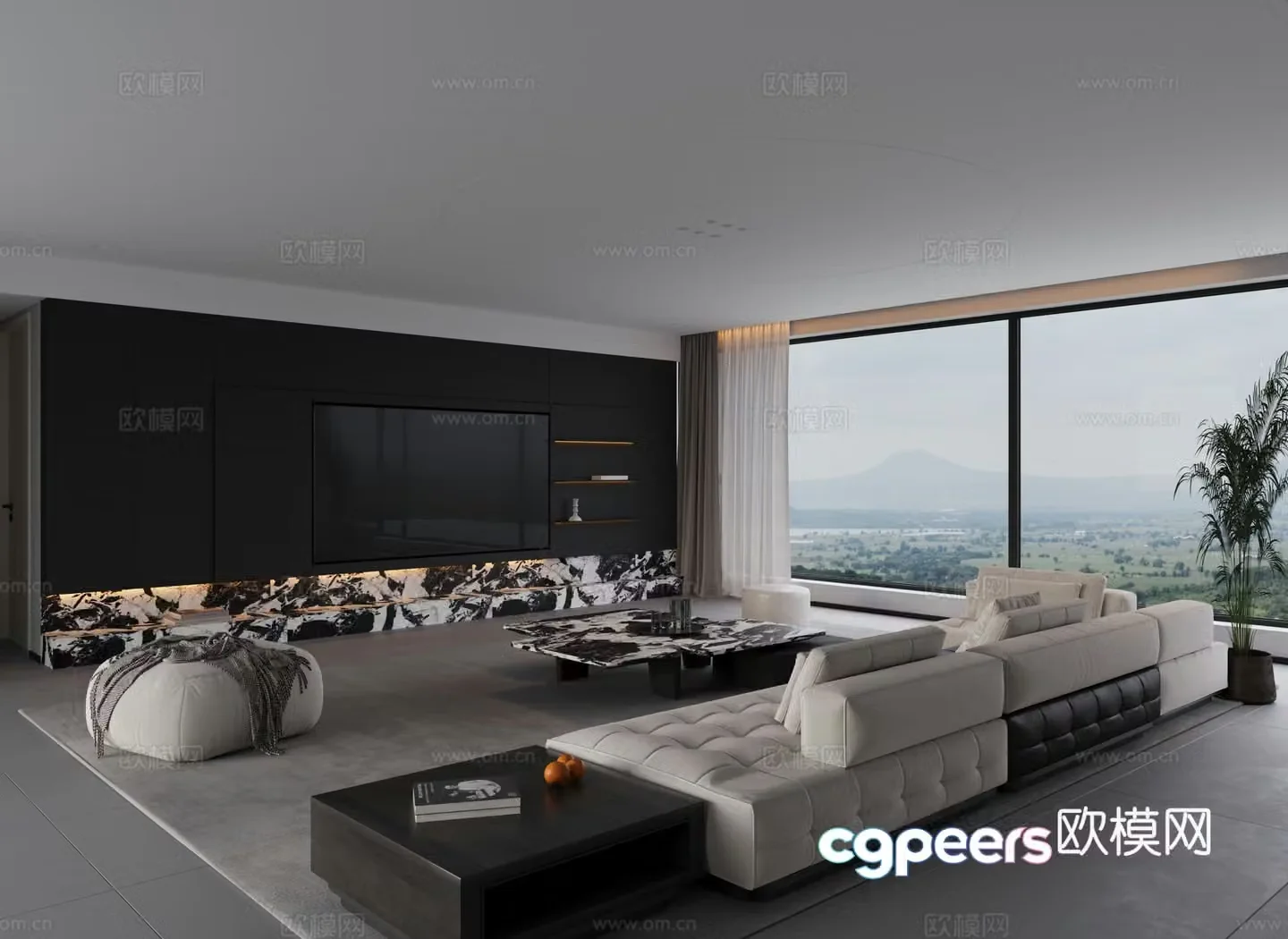 Italian minimalist living room large flat living room black and white and gray living room living room without lights horizontal hall 3D model