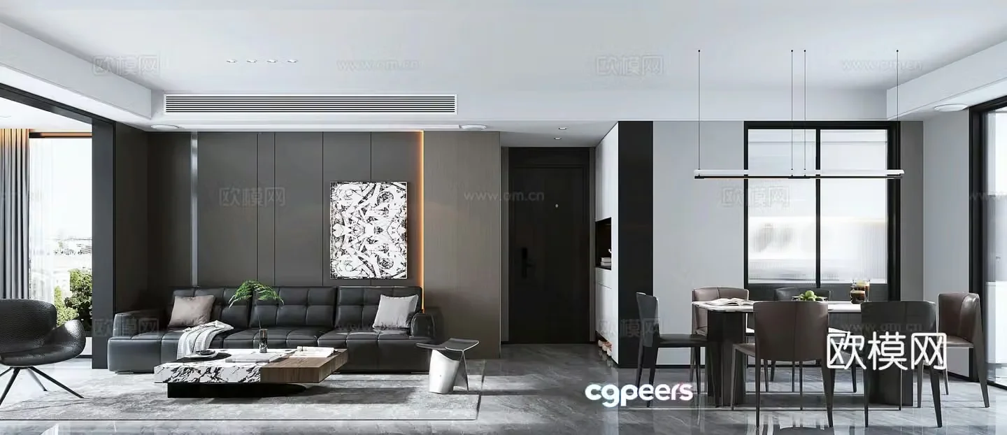 Italian light luxury black and white gray living room 3D model