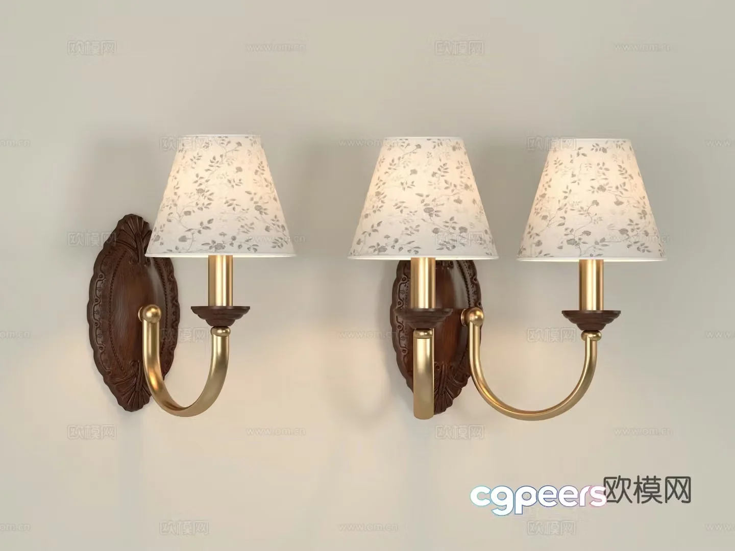 Middle-aged wall lamp European copper and wood wall lamp Log wall lamp Pattern cloth cover wall lamp 3D model