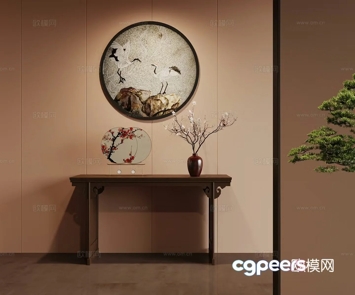 New Chinese style end viewing platform wall decoration green plant ornament 3D model