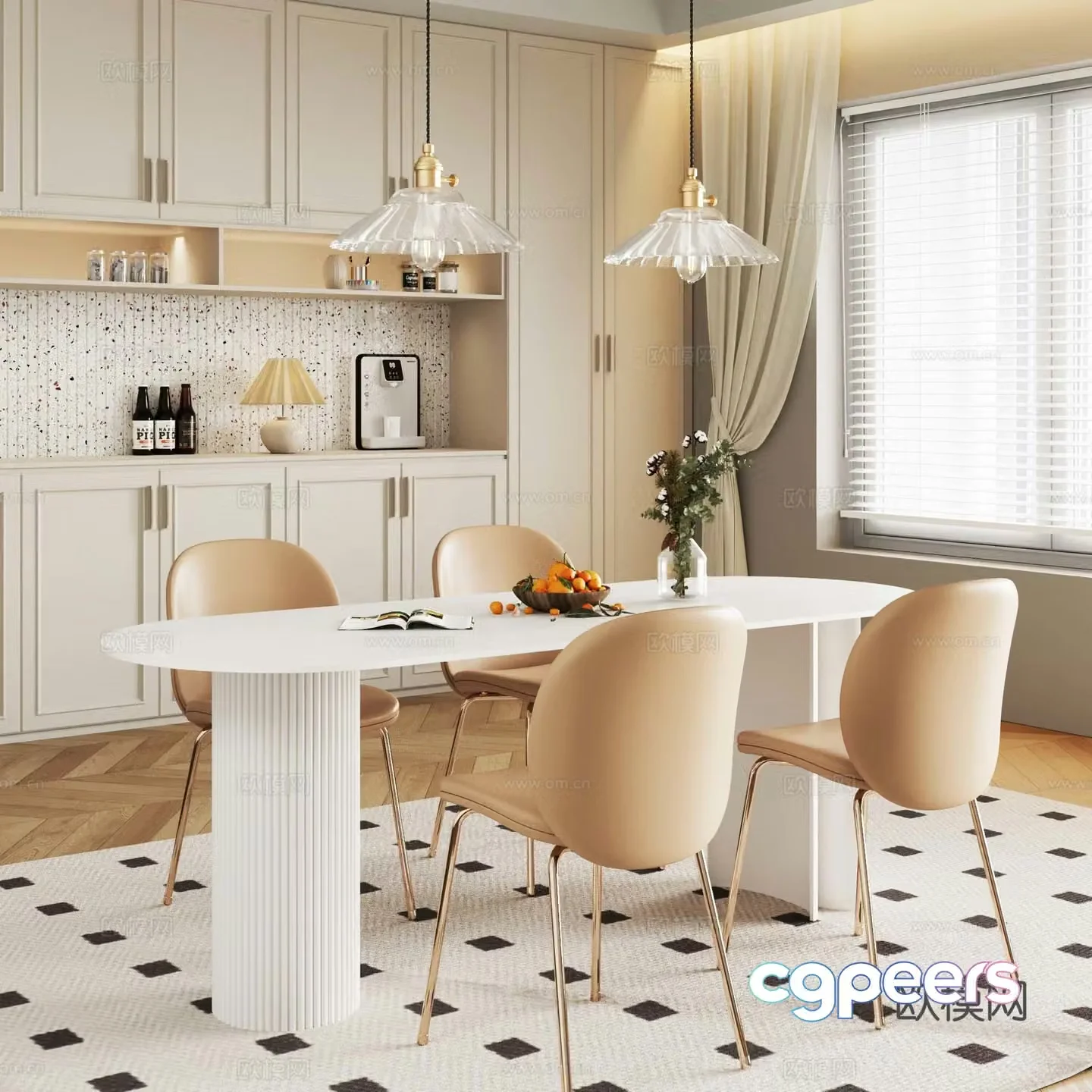 French cream restaurant dining table wine cabinet chandelier 3d model