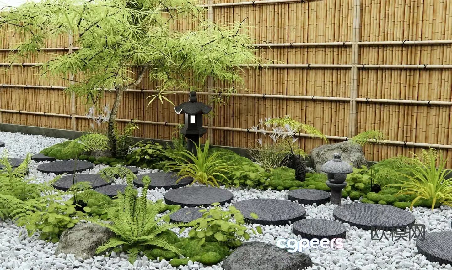Japanese style new Chinese style tingling Zen courtyard landscape plant combination moss landscape flowers and plants maple tree 3D model