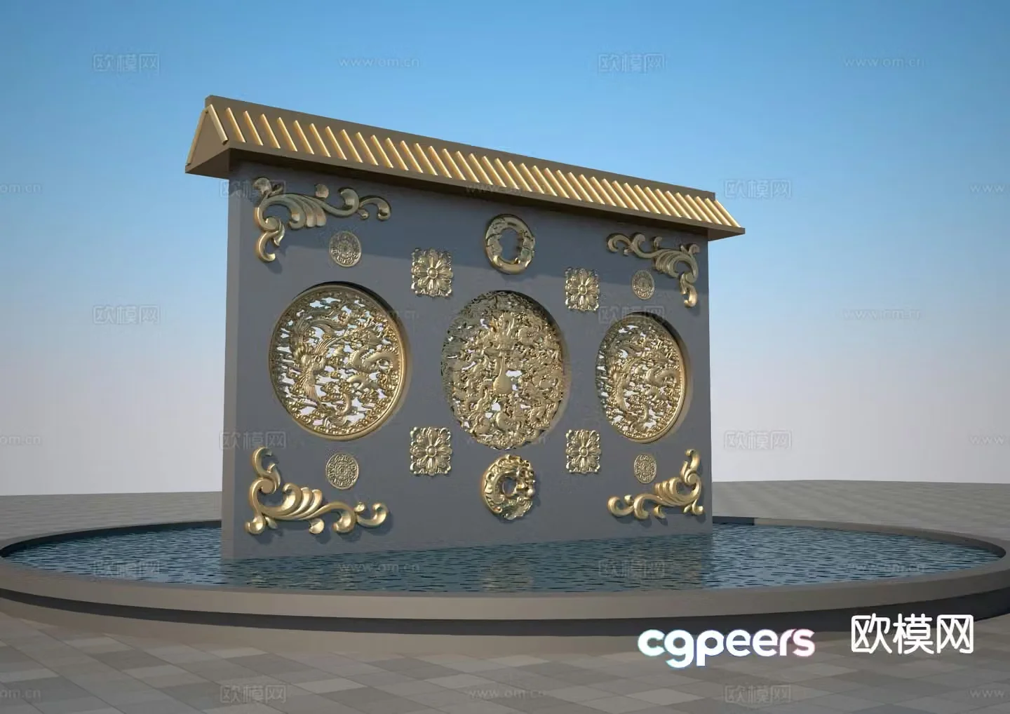 New Chinese style screen wall window grille relief landscape wall 3D model
