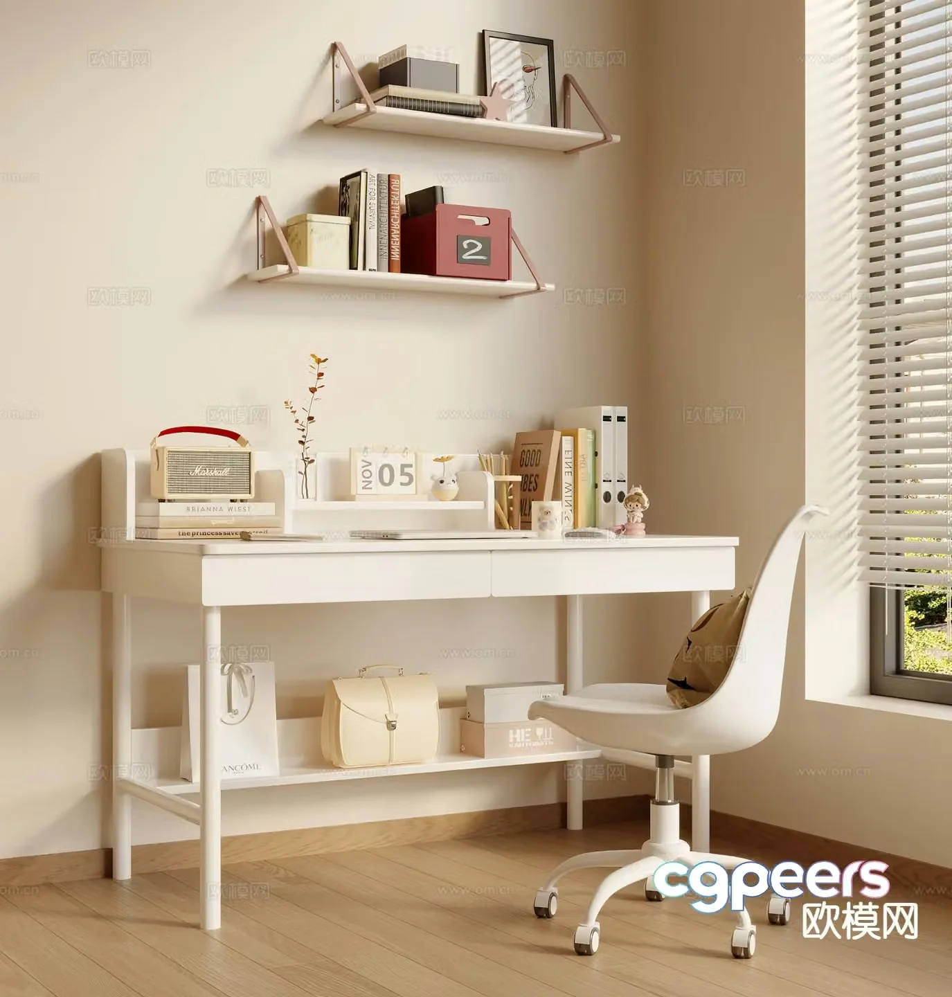Modern children’s study table desk chair writing desk 3d model