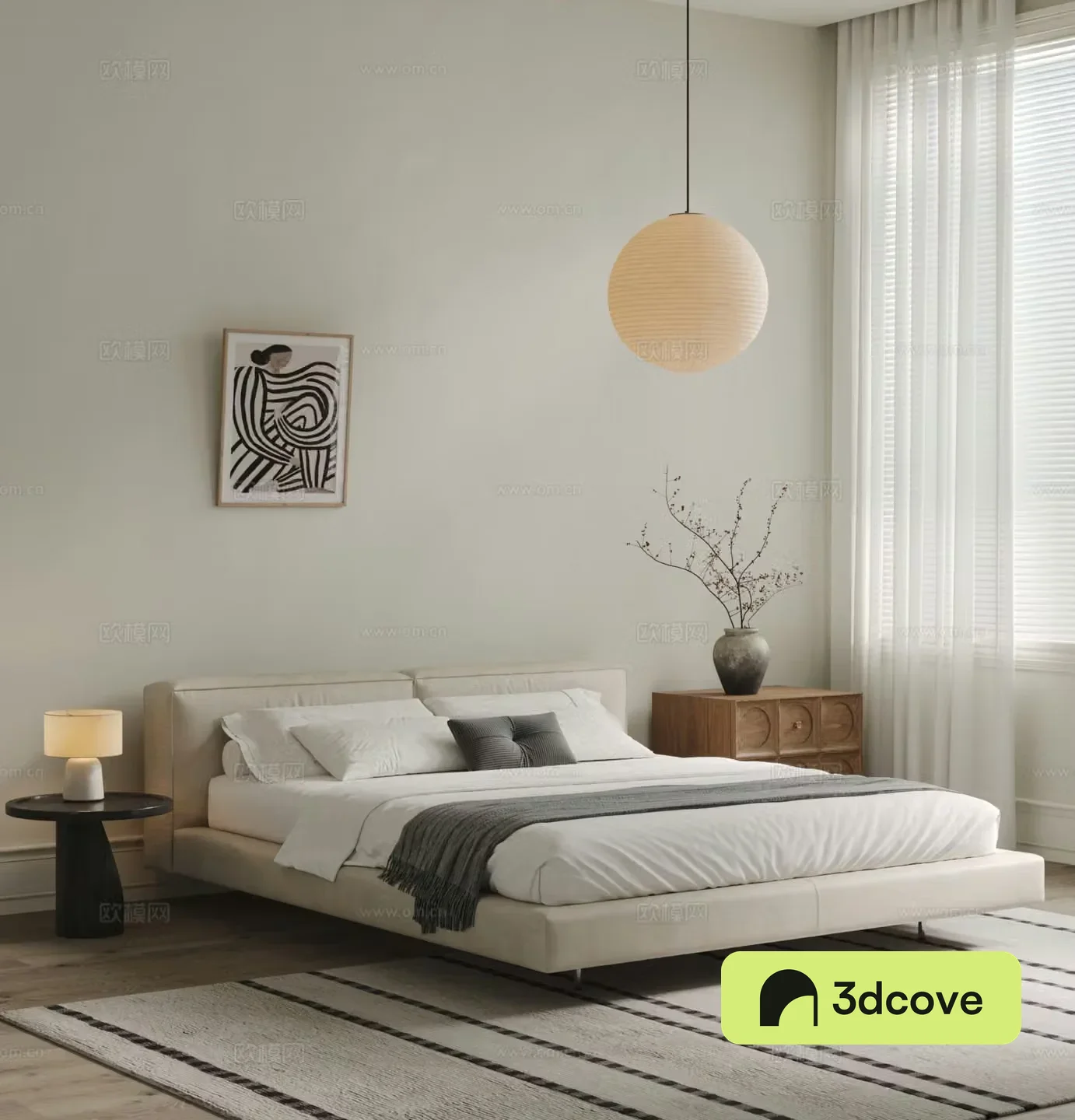 Modern minimalist double bed Tofu block bed Leather bed Chandelier Nightstand Bedroom Carpet