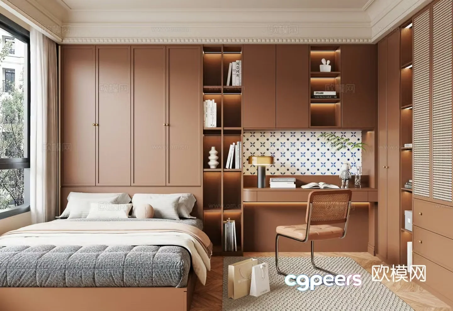 Modern medieval style tatami bedroom bookcase desk chair single bed wardrobe 3d model