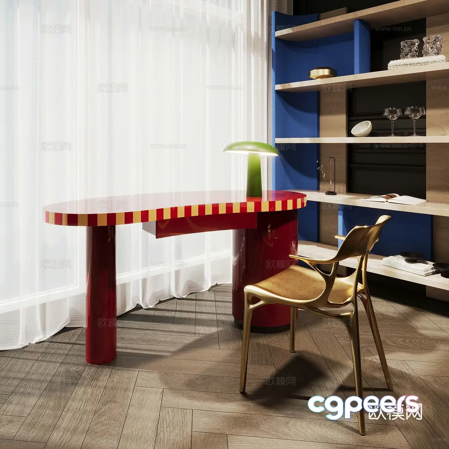 Desk Single Chair Bookshelf Red Special-shaped desk desk lamp ornament Study room 3D model