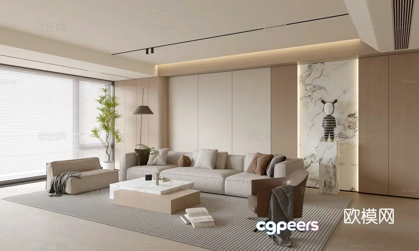 Modern creamy living room light luxury TV background wall combination coffee table sofa background wall 3d model